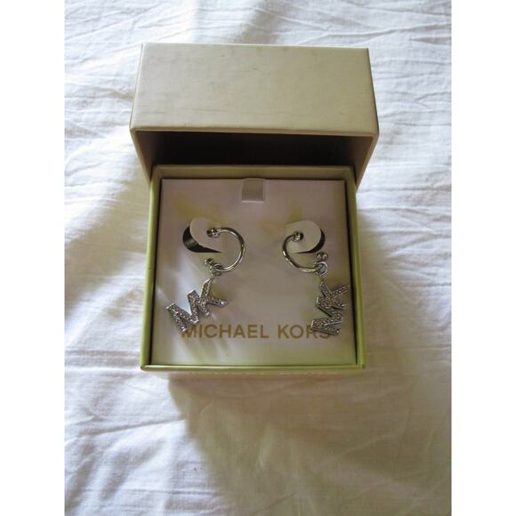 NEW Silver-plated Michael Kors Hoop Earrings and MK Crystal Logo dangle Stunning - Picture 1 of 9